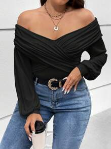 SHEIN Privé Plus Off Shoulder Cross Wrap Cross Front Lantern Sleeve Tee - Black - View 5