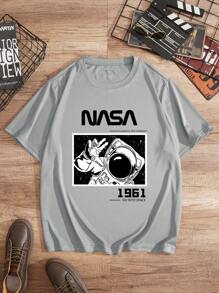 男士大码宇航員和字母圖形T恤 - 灰色 - 查看 1