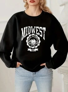 SHEIN EZwear Letter Graphic Drop Shoulder Sweatshirt - Black - View 1