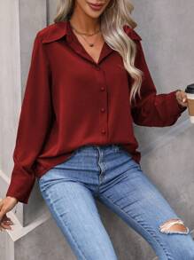 EMERY ROSE Solid Button Front Shirt For New Year Clothes Fall Cloth For Women - Red - View 5