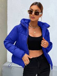 SHEIN Essnce Women's Plain Color Zip Collar Hooded Padded Casual Jacket, Winter - Royal Blue - View 4