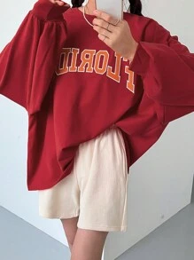 DAZY Letter Graphic Drop Shoulder Oversized Pullover,Fall Clothes Sweatshirt - Red - View 8