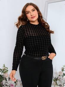 SHEIN Clasi Plus Houndstooth Print Mesh Top Without Bra, For Winter - Black - View 5