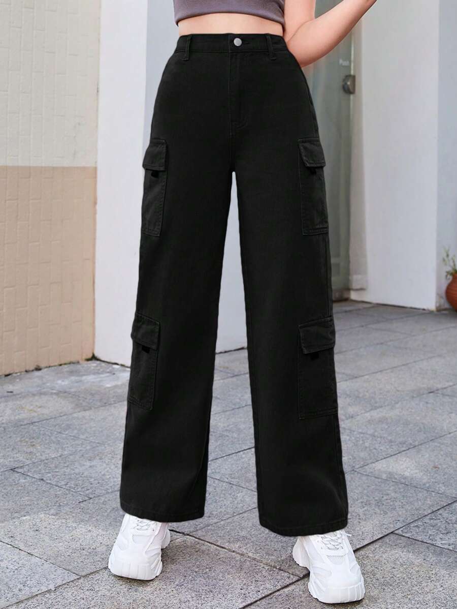 SHEIN 少女三層口式口袋側面插袋裝扣牛仔褲 - 黑色 - 查看 1