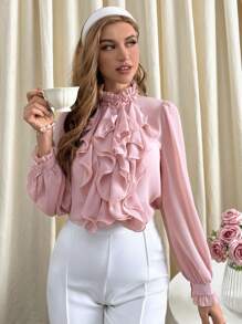 SHEIN Privé Frill Neck Ruffle Trim Lantern Sleeve Blouse - Pink - View 5