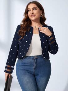 SHEIN Clasi Plus Polka Dot Print Mesh Insert Open Front Jacket - Navy Blue - View 5