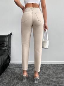 SHEIN Cottnline Zipper Fly Tapered Jeans - Beige - View 2