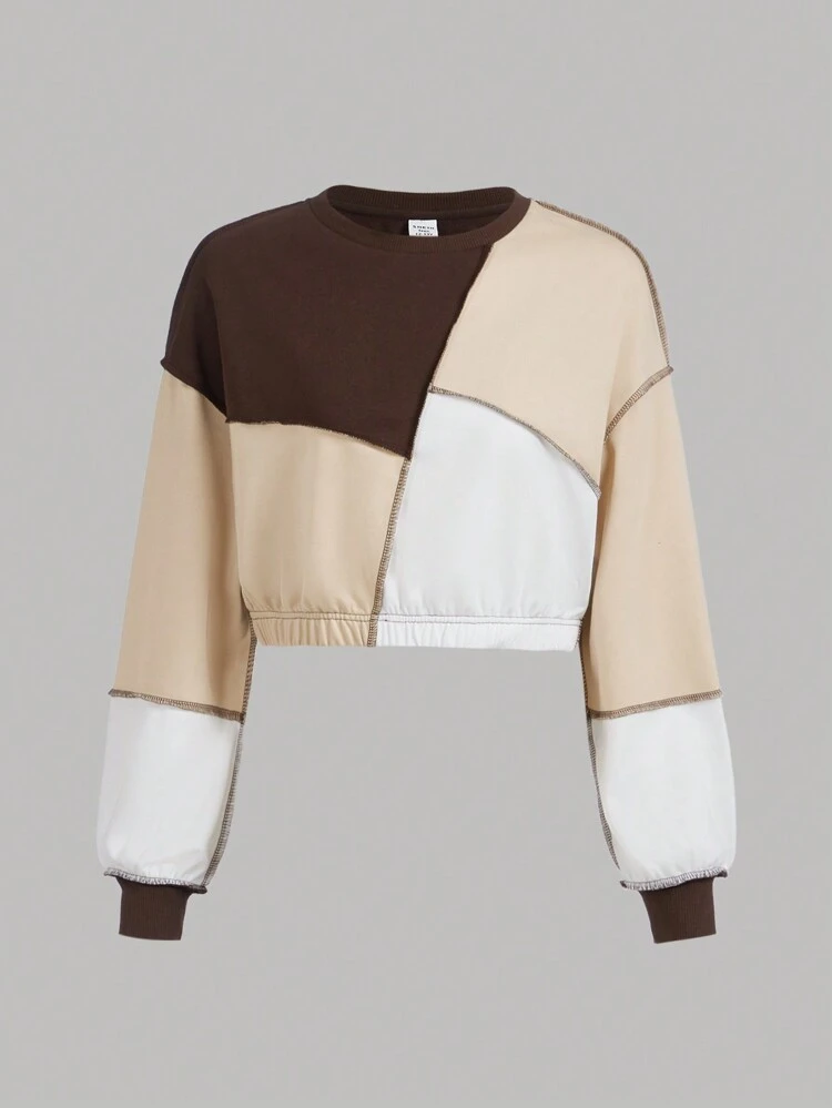 Teen Girl Colorblock Top-stitching Drop Shoulder Pullover