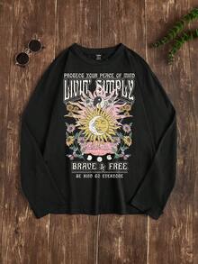 SHEIN LUNE Sun & Slogan Graphic Tee - Black - View 3