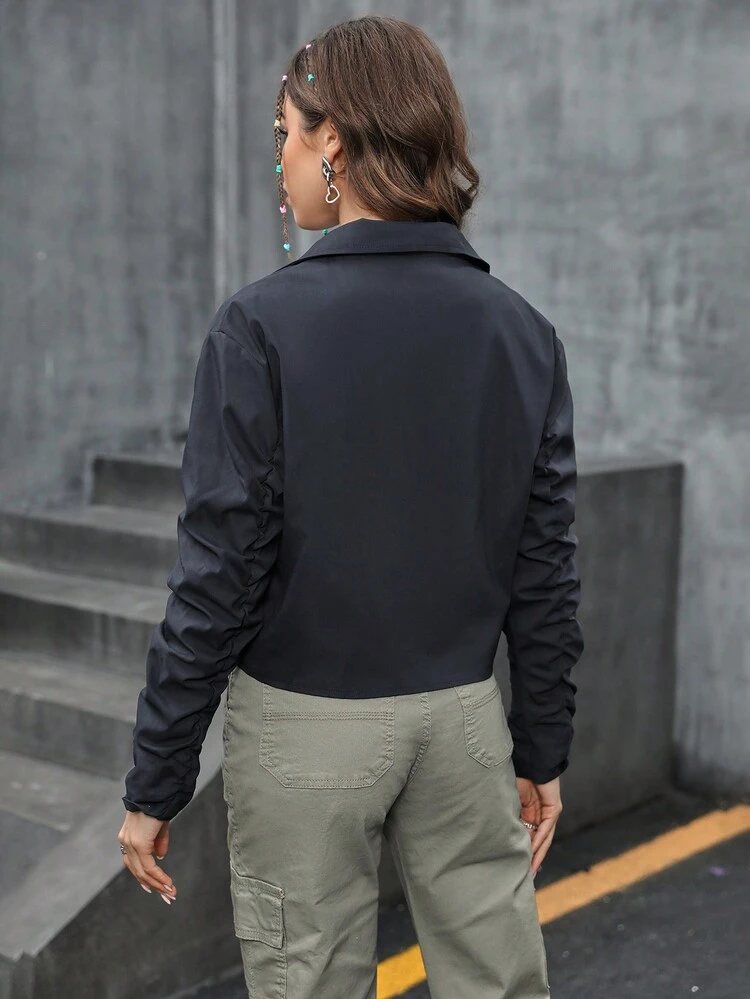 Flap Detail Ruched Sleeve Crop Jacket Fall Cloth For Women