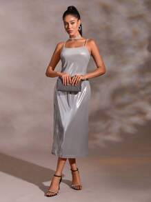 SHEIN BAE 純色吊帶洋裝 - 銀色 - 查看 1