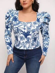 Bianca F Prints 大碼植物印花方領羊腿袖T恤 - 白色 - 查看 1