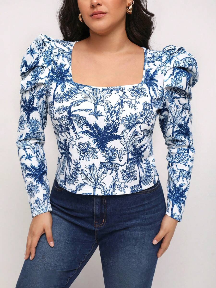 Bianca F Prints 大碼植物印花方領羊腿袖T恤 - 白色 - 查看 1