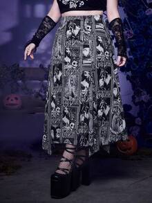 Corpse Bride | ROMWE Plus Skull Print Asymmetrical Hem Skirt - Black and White - View 3