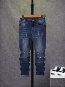 SHEIN Tween Boy Ripped Frayed Cat Scratch Jeans - Dark Wash - View 1