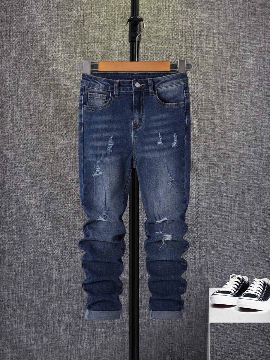 SHEIN Tween Boy Ripped Frayed Cat Scratch Jeans - Dark Wash - View 1