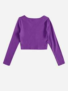 SHEIN EZwear Cổ chữ V Chất rắn Áo phông Crop - Màu tím - Xem 2