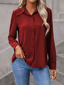 EMERY ROSE Solid Button Front Shirt For New Year Clothes Fall Cloth For Women - Red - View 4