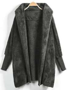 SHEIN LUNE Hooded Open Front Fluffy Teddy Coat - Dark Grey - View 1