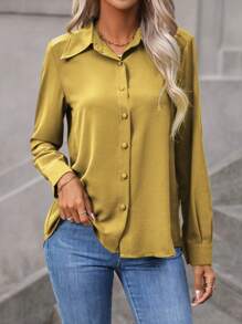 SHEIN LUNE Camisa unicolor con botón delantero - Amarillo - Ver 6