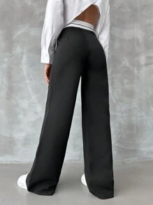 EURMUSE Pantalones de traje color block de cintura alta - Negro - Ver 2