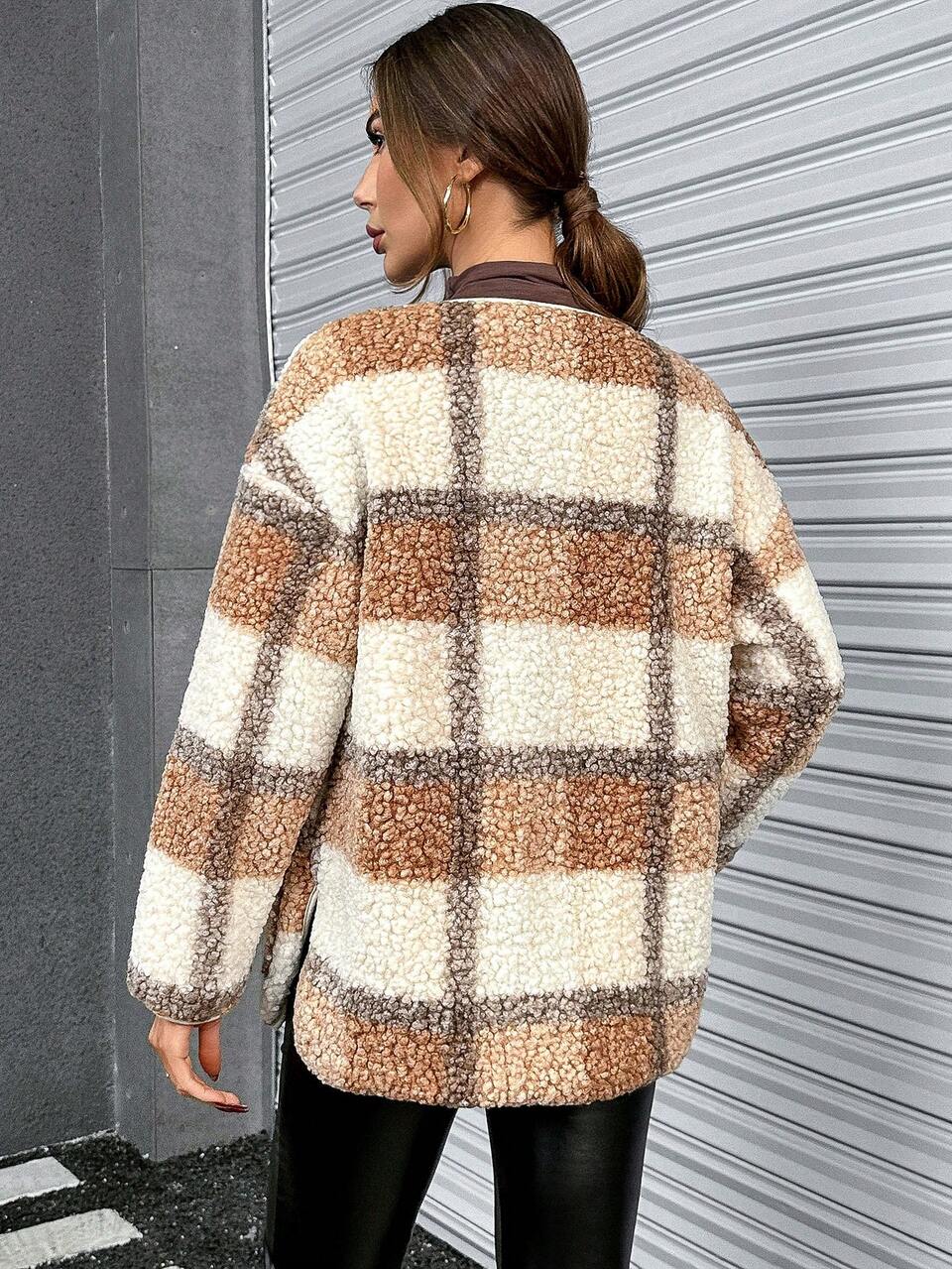 Plaid Print Drop Shoulder Teddy Coat