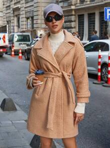 EURMUSE Lapel Neck Belted Overcoat - Camel - View 3