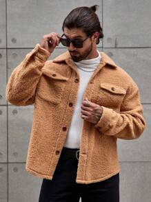 Manfinity Homme Loose Fit Men's Flap Pocket Drop Shoulder Teddy Coat - Khaki - View 3