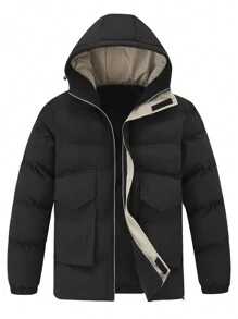Manfinity Homme Loose-Fit Men's Hooded Padded Coat With Flap Pockets And Drawstring Hem - Black - View 8