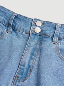 SHEIN Girlism 少女口袋细节喇叭腿牛仔裤，春秋季休闲日常穿着 - 中等水洗藍 - 查看 4