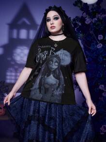 Corpse Bride | ROMWE Talla grande Camiseta de hombros caídos con estampado de dibujos animados - Negro - Ver 1