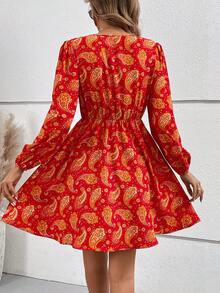 SHEIN Frenchy 滿版佩斯利印花燈籠袖洋裝不附腰帶 - 紅色 - 查看 2