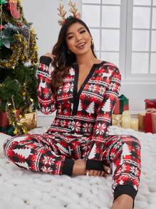 Talla grande Mameluco de dormir con estampado de Navidad con botón delantero - Rojo - Ver 1