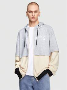 ROMWE MEN Street Life Men Letter Print Drop Shoulder Drawstring Hooded 2 In 1 Jacket - Grey - View 4