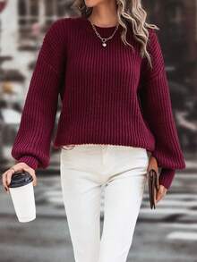 SHEIN LUNE 素色落肩袖套頭毛衣 - 酒紅色 - 查看 3