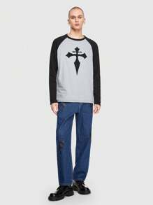 ROMWE MEN Goth Guys Cross & Letter Graphic Raglan Sleeve Tee - Black - View 2