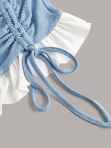 SHEIN MOD Hai âm Dây rút Xù Hoa Sen Áo thun - Xanh và trắng - Xem 4