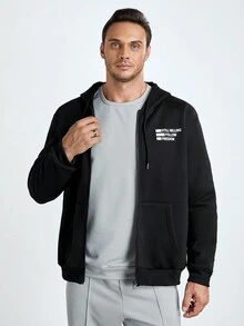 Manfinity Homme Men Plus Slogan Graphic Zip Up Dây rút Áo hoodie - màu đen - Xem 5