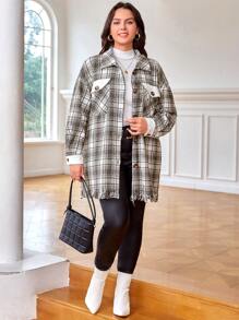 SHEIN Clasi Plus Plaid Print Drop Shoulder Raw Cut Overcoat Without Belt - Apricot - View 4