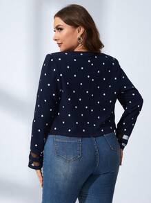 SHEIN Clasi Plus Polka Dot Print Mesh Insert Open Front Jacket - Navy Blue - View 2