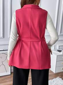 Flirla Plus Shawl Collar Belted Vest Overcoat - Hot Pink - View 2