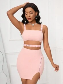 SHEIN Slayr Letter Graphic Cut Out Split Hem Cami Dress - Pink - View 6