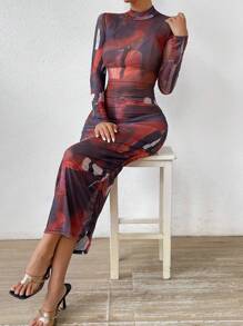 Zolique Allover Print Mock Neck Bodycon Dress - Multicolor - View 5
