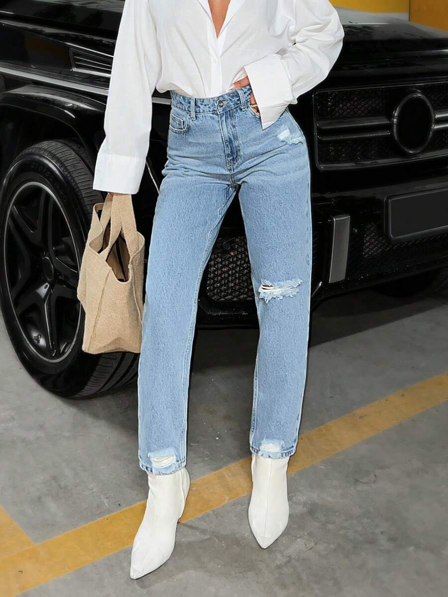 RueChic Jeans rotos de talle alto con corte de mamá - Azul - Ver 1