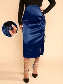 SHEIN Maternity High Waist Drawstring Split Thigh Satin Skirt - Navy Blue - View 1