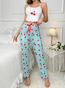 Cherry Print Cami White Top & Bow Front Pants PJ Set / Pajama Set Bow Tie - White - View 6