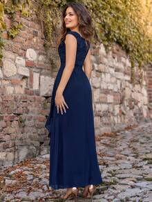 Ruffled Lace Bodycon Hem Evening Dress - Navy Blue - View 3