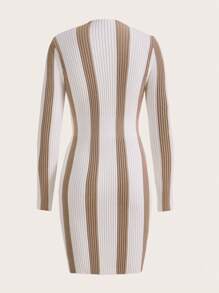 SHEIN Clasi 條紋圖案小高領毛衣洋裝 - 米色 - 查看 7