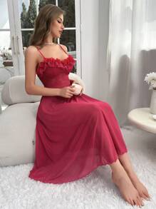 SHEIN Camisón largo con contraste de encaje, volantes y malla - Rosa Fucsia - Ver 4