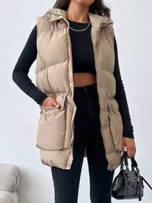 EURMUSE Flap Pocket Puffer Vest Coat - Apricot - View 3